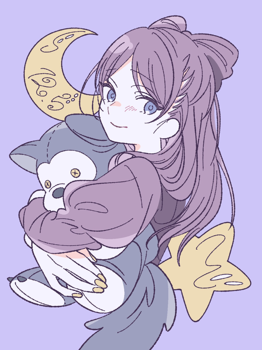 1girl blue_eyes blush highres holding holding_stuffed_toy long_sleeves looking_at_viewer miyao_nemu moon purple_background purple_hair purple_shirt shirt smile solo star_(symbol) stuffed_toy stuffed_wolf upper_body witch_watch yellow_nails yoshitaka_(palooo)