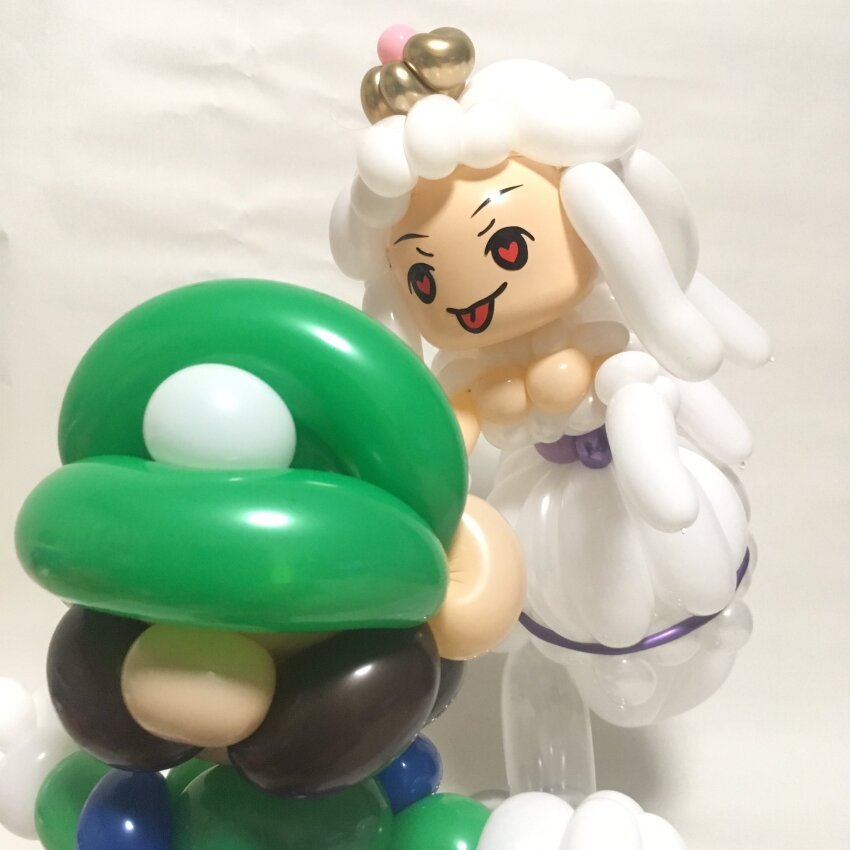 1boy 1girl amusefactory balloon breasts cleavage dress floating ghost_pose heart heart-shaped_pupils highres long_hair luigi luigi&#039;s_mansion mario_(series) new_super_mario_bros._u_deluxe nintendo no_nose photo_(medium) princess_king_boo super_crown symbol-shaped_pupils tongue tongue_out unconventional_media white_dress white_hair