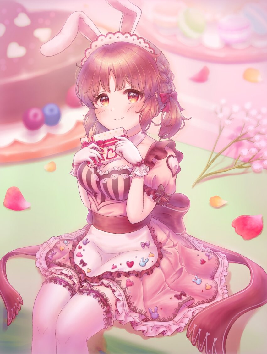 1girl abe_nana animal_ears apron blush box braid breasts brown_dress brown_eyes brown_hair cleavage closed_mouth collar detached_collar dress fake_animal_ears feet_out_of_frame frilled_dress frilled_gloves frilled_thighhighs frills gift gift_box gloves highres hiyori_(20hiyori727) holding holding_gift idolmaster idolmaster_cinderella_girls large_breasts looking_at_viewer maid maid_headdress medium_dress over-kneehighs puffy_short_sleeves puffy_sleeves rabbit_ears short_sleeves side_braid sidelocks sitting smile socks solo split_mouth thighhighs twintails waist_apron white_apron white_collar white_socks white_thighhighs
