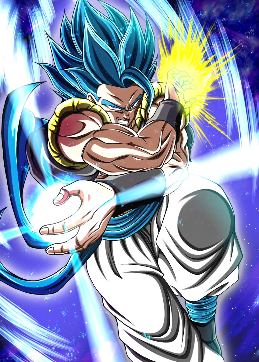 1boy absurdres black_vest blue_eyes blue_hair commentary_request dragon_ball dragon_ball_super dragon_ball_super_broly dragon_ball_z_dokkan_battle gogeta gokuu_(goku_xeno59) highres male_focus medium_hair metamoran_vest open_clothes open_vest panties powering_up solo spiked_hair super_saiyan super_saiyan_blue transcendent_blazer underwear vest white_panties