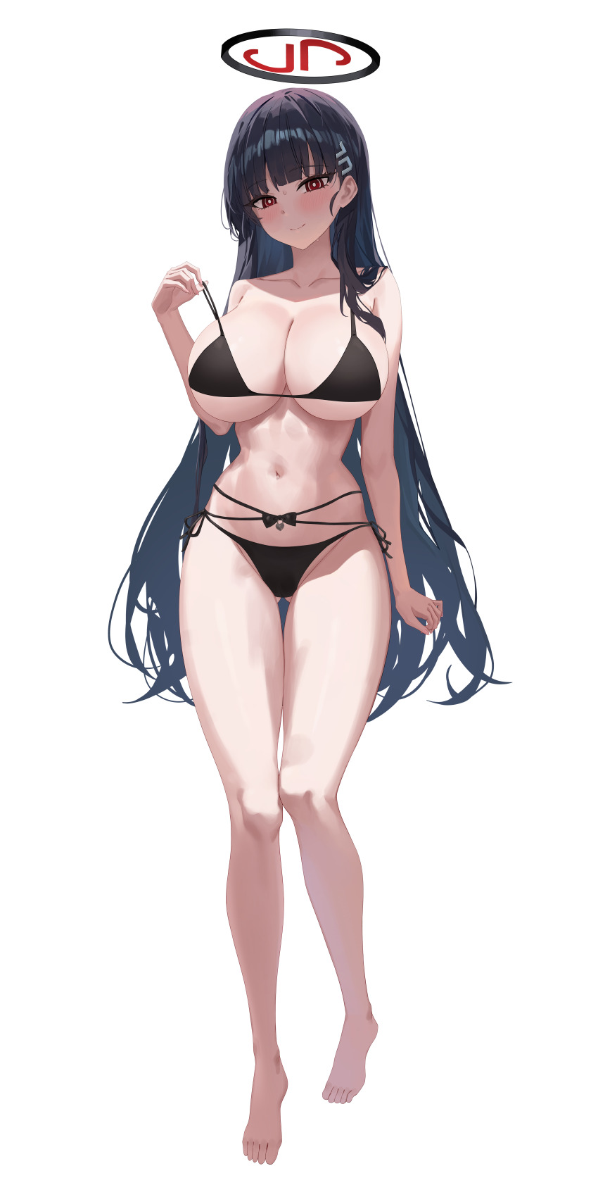 1girl absurdres barefoot bikini black_bikini black_hair black_halo blue_archive breasts cleavage collarbone commentary commentary_request cowboy_shot gluteal_fold hair_ornament halo hido88 highres large_breasts long_hair navel red_eyes rio_(blue_archive) simple_background smile solo stomach swimsuit thighs variant_set very_long_hair white_background
