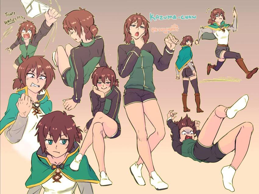 1girl bad_link breasts brown_hair capelet genderswap genderswap_(mtf) green_capelet green_eyes green_jacket highres jacket klionheartart kono_subarashii_sekai_ni_shukufuku_wo! looking_at_viewer open_mouth reddit_username satou_kazuma short_hair short_shorts shorts simple_background smile solo track_suit