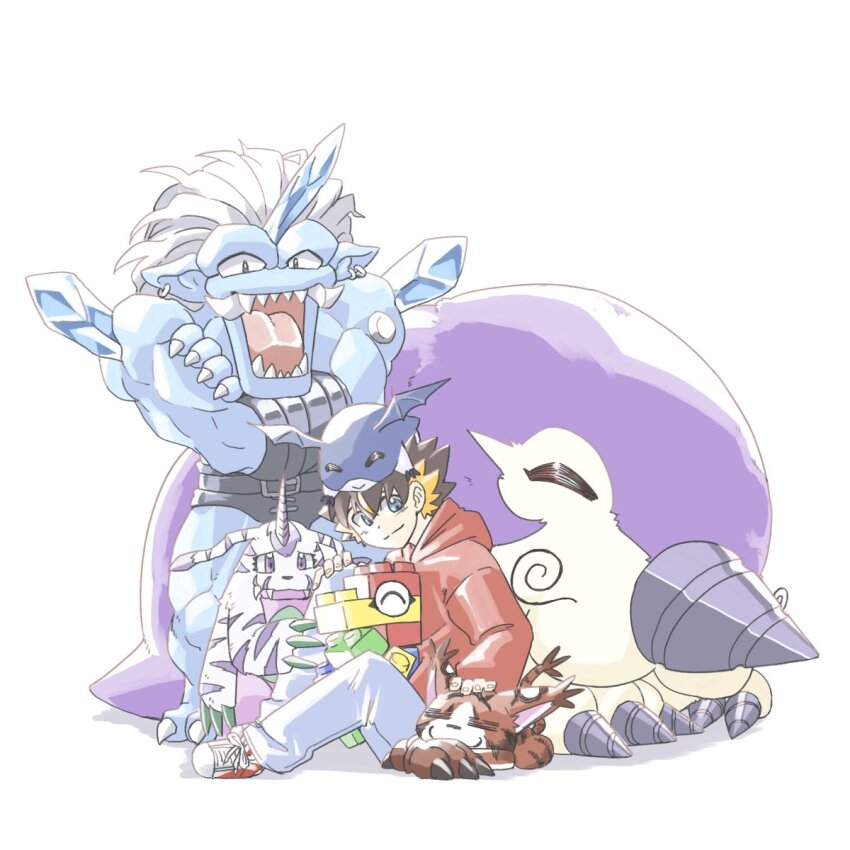 belt claws closed_eyes digimon digimon_(creature) drill highres hyougamon ice looking_at_viewer mikemon nisedrimogemon open_mouth psychemon sharp_teeth smile teeth toyagumon tukaimon