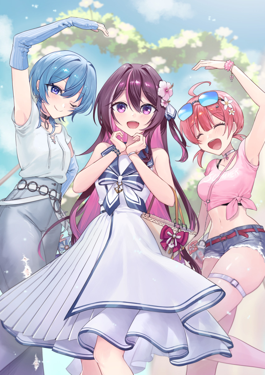 3girls absurdres ahoge azki_(hololive) azki_(holonatsu_paradise)_(hololive) blue_arm_warmers blush brown_hair colored_inner_hair dress eyewear_on_head flower flower_hairpin hair_between_eyes hair_flower hair_ornament happy highres hololive hoshimachi_suisei hoshimachi_suisei_(holonatsu_paradise) long_hair looking_at_viewer momoe_sanami multicolored_hair multiple_girls official_alternate_costume open_mouth pink_shirt purple_eyes sailor_collar sailor_dress sakura_miko sakura_miko_(holonatsu_paradise) shirt sleeveless sleeveless_dress smile standing streaked_hair sunglasses thigh_strap tied_shirt tinted_eyewear virtual_youtuber white_dress