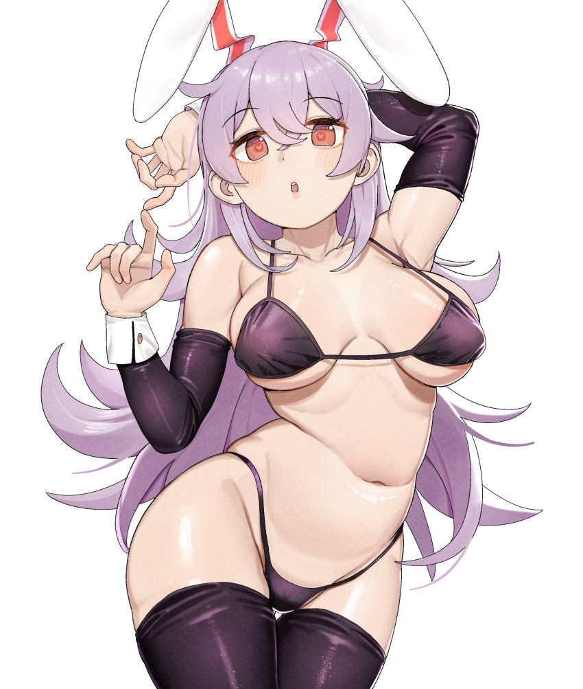 1girl absurdres animal_ears bikini black_bikini black_gloves black_thighhighs breasts cleavage collarbone commentary_request cowboy_shot elbow_gloves gloves highres large_breasts long_hair looking_at_viewer messy_hair navel open_mouth purple_hair rabbit_ears rabbit_girl red_eyes reisen_udongein_inaba simple_background solo swimsuit thighhighs touhou white_background ylong