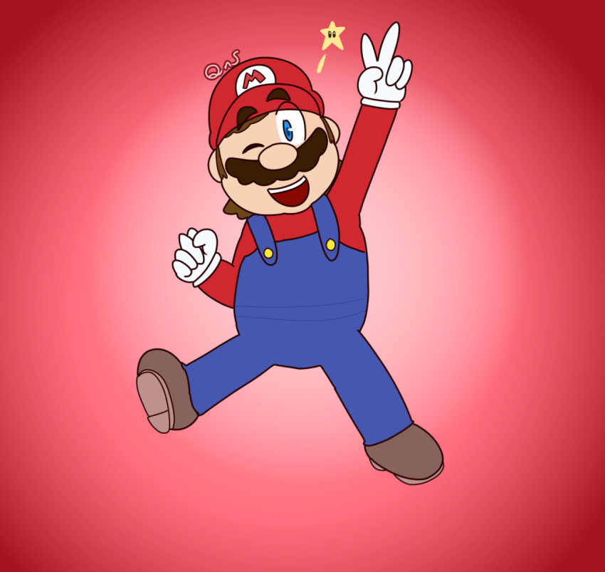 1boy blue_eyes facial_hair full_body grin hat highres jump looking_at_viewer mario mario_(series) mustache nintendo open_mouth plumber smile solo star_(symbol) super_mario_bros._1 v wink