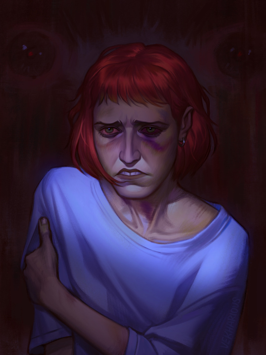 1girl absurdres bloodshot_eyes bruise bruised_eye cashier_girl_(no_i&#039;m_not_a_human) colored_sclera fingernails frown highres horror_(theme) injury lips no_i&#039;m_not_a_human nose realistic red_hair red_sclera shirt short_bangs solo t-shirt teeth vekharious