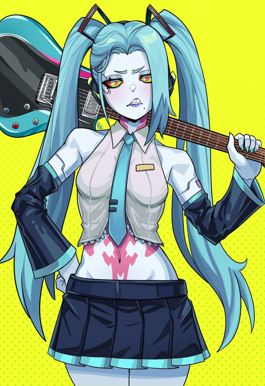 1girl annoyed artificial_eye clenched_teeth colored_sclera cropped_legs cyberpunk_(series) cyberpunk_edgerunners detached_sleeves dotted_background grey_shirt guitar hatsune_miku highres instrument long_hair mechanical_eye midriff miniskirt neck_tattoo necktie pink_tattoo pleated_skirt rebecca_(cyberpunk) red_sclera shirt simple_background skirt solo standing tattoo teeth twintails unusualpie very_long_hair yellow_background