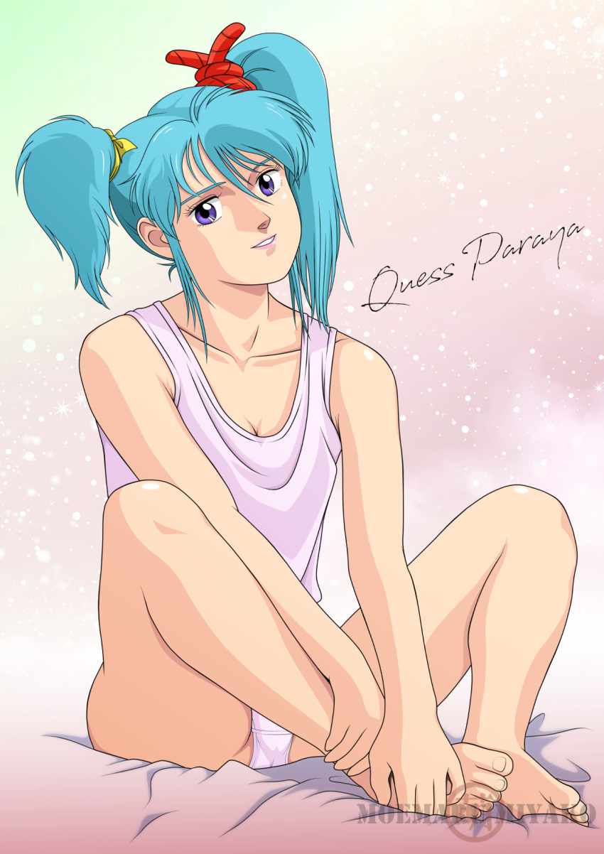 1980s_(style) 1girl aqua_hair bed_sheet blue_eyes breasts char&#039;s_counterattack cleavage feet gundam highres looking_at_viewer moemaru_miyako oldschool panties pink_panties pink_shirt purple_eyes quess_paraya shirt smile solo twintails underwear