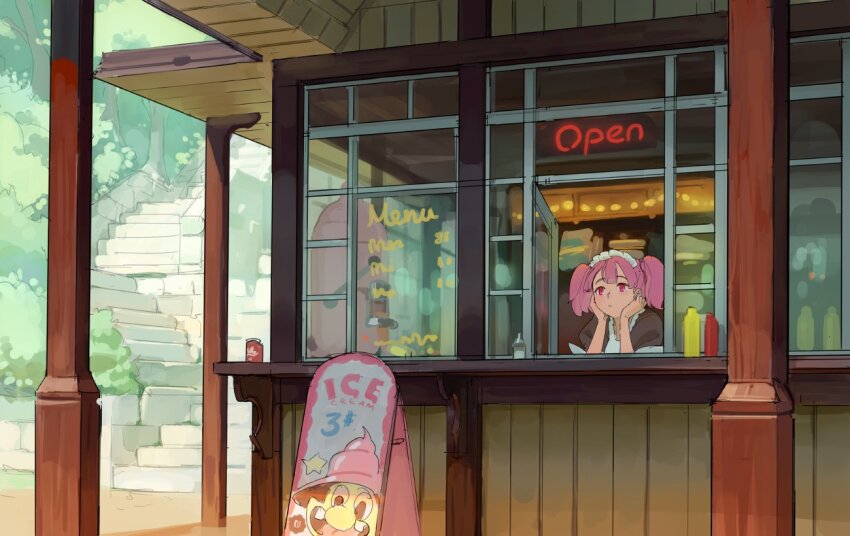 1girl bush can commentary drink_can english_commentary food_stand ice_cream_stand ketchup_bottle kiosk looking_afar maid maid_headdress mustard_bottle original outdoors paid_reward_available parted_bangs pink_eyes pink_hair soda_can stairs timbougami tree twintails