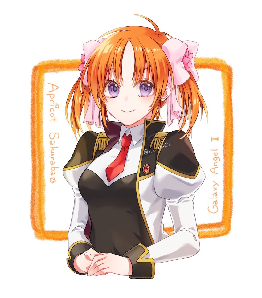 ahoge apricot_sakuraba bow character_name collared_shirt copyright_name galaxy_angel galaxy_angel_rune hair_bow highres jacket light_smile long_sleeves looking_at_viewer military_uniform multiple_hair_bows necktie open_clothes open_jacket orange_hair own_hands_together pink_bow purple_eyes red_necktie ritsu_(r_litsuca) shirt two_side_up upper_body white_background