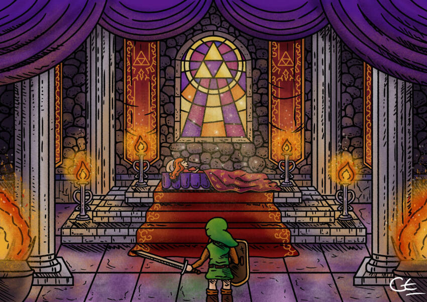 1boy 1girl brown_hair castle closed_eyes curtains dress fire hat indoors link long_hair long_sleeves looking_at_another lying nintendo pink_dress princess_zelda sleeping spell standing sword the_legend_of_zelda tiara triforce tunic weapon zelda_ii:_the_adventure_of_link