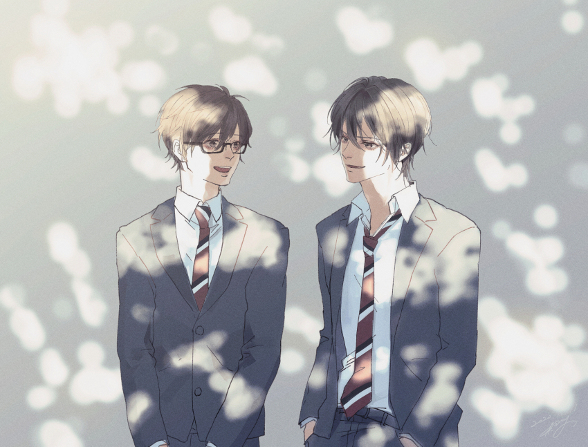 2boys black-framed_eyewear black_hair black_pants brown_hair collared_shirt commission glasses grey_background hair_between_eyes hand_in_pocket highres jacket kurosujuu long_sleeves looking_at_another male_focus multiple_boys necktie open_mouth original pants shirt skeb_commission striped_necktie teeth upper_teeth_only