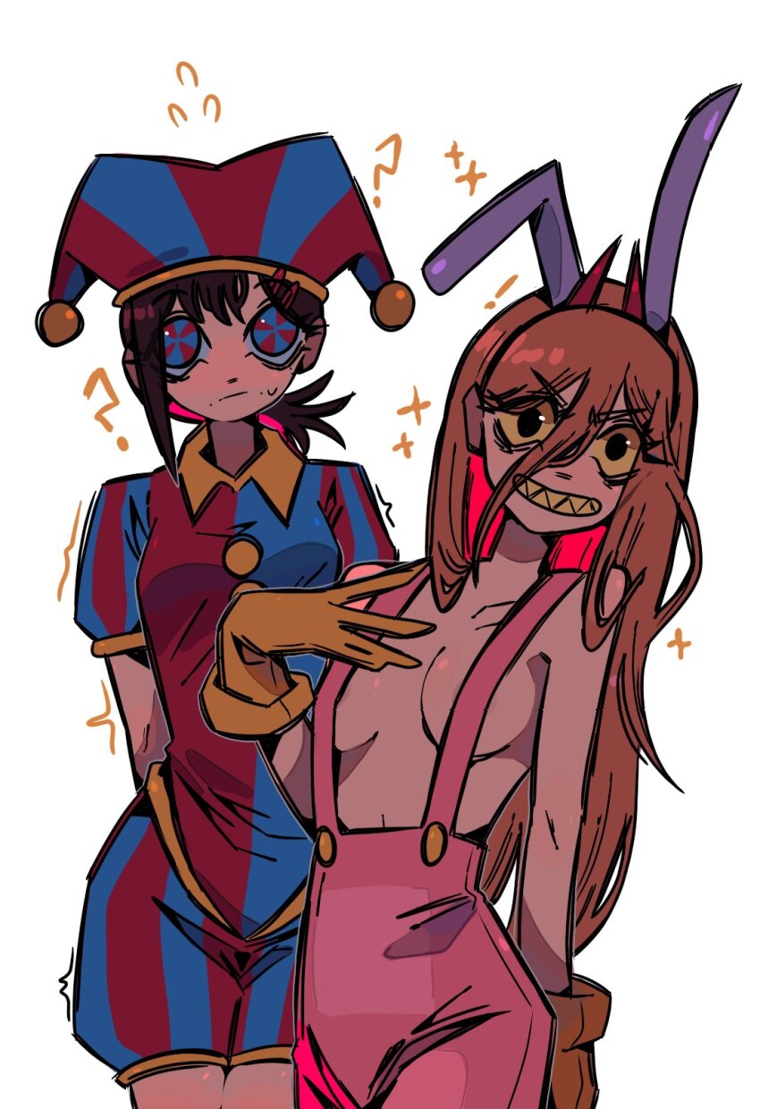 2girls 31ulkubo ? animal_ears arms_behind_back black_eyes breasts chainsaw_man colored_sclera commentary cosplay gloves grin hair_between_eyes higashiyama_kobeni highres horns jax_(the_amazing_digital_circus) jax_(the_amazing_digital_circus)_(cosplay) jester jester_costume long_hair low_ponytail medium_breasts medium_hair multiple_girls naked_overalls orange_gloves overalls pink_overalls pomni_(the_amazing_digital_circus) pomni_(the_amazing_digital_circus)_(cosplay) ponytail power_(chainsaw_man) rabbit_ears red_horns sharp_teeth single_sidelock smile sparkle teeth the_amazing_digital_circus yellow_sclera