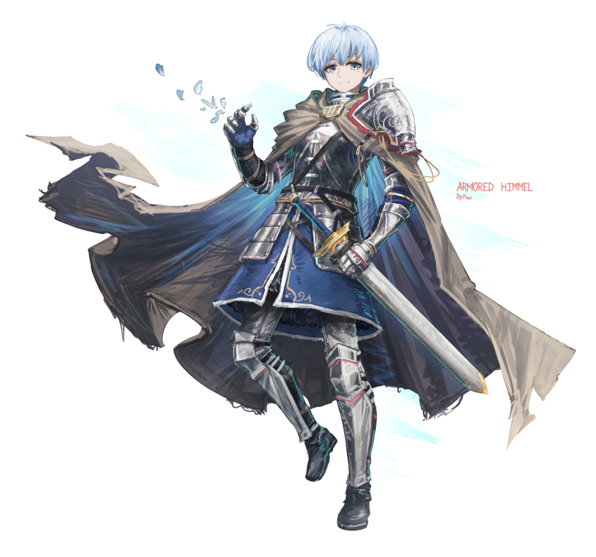 1boy absurdres arm_armor armor armored_boots artist_name black_boots blue_eyes blue_hair boots brown_cape cape character_name closed_mouth commentary english_commentary franlol full_body grey_pants hand_up highres himmel_(sousou_no_frieren) holding holding_sword holding_weapon looking_at_viewer male_focus pants short_hair shoulder_armor simple_background smile solo sousou_no_frieren standing sword weapon white_background