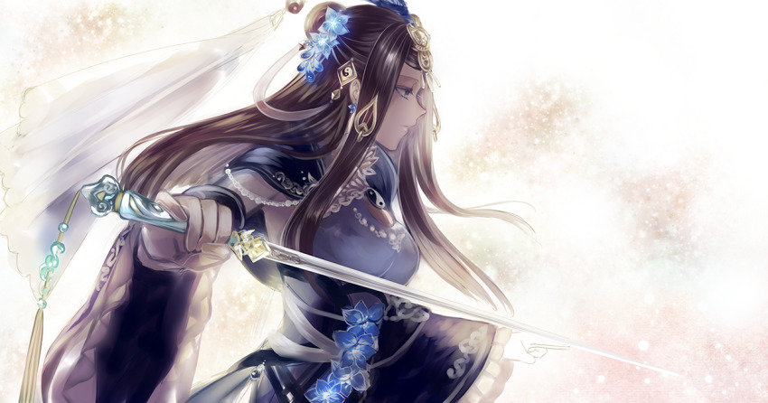 1girl black_hair blue_eyes breasts expressionless flower from_side hair_bun hair_flower hair_ornament holding holding_sword holding_weapon jianxia_qingyuan_(series) jianxia_qingyuan_online_3 large_breasts long_hair qixiang_seren single_hair_bun solo sword upper_body weapon wrist_cuffs yin_yang_hair_ornament yin_yang_pin