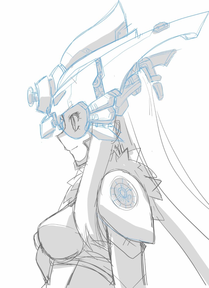 1girl armor armored_leotard breasts digimon digimon_(creature) digimon_story:_cyber_sleuth_hacker&#039;s_memory female_focus fur_collar helmet highres hudiemon leotard long_hair medium_breasts ph6xeivbgpimggg reconstruction shoulder_armor sideview sketch solo solo_focus spot_color