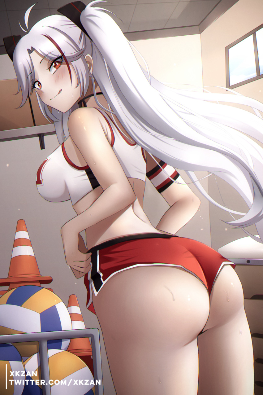 1girl :q adjusting_clothes adjusting_shorts ahoge ass azur_lane ball ball_rack breasts from_behind gym_uniform highres huge_ass large_breasts looking_at_viewer looking_back presenting presenting_ass prinz_eugen_(azur_lane) prinz_eugen_(brilliant_touchdown)_(azur_lane) red_shorts short_shorts shorts solo sportswear sweat thighs tongue tongue_out volleyball_(object) white_hair xkzan