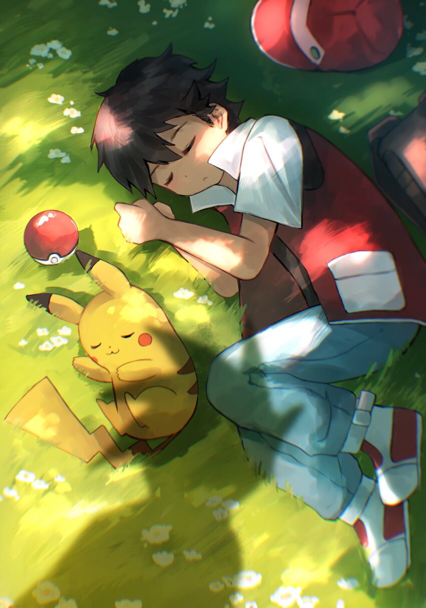 1boy absurdres backpack bag black_hair commentary_request day gen_1_pokemon hands_up hat highres jacket lying male_focus nintendo on_side open_clothes open_jacket outdoors own_hands_together pants pikachu poke_ball poke_ball_(basic) pokemon pokemon_(creature) pokemon_rgby red_(pokemon) red_hat shadow shirt shiruko_(s1ruko) shoes short_hair short_sleeves sleeping unworn_backpack unworn_bag unworn_hat unworn_headwear white_footwear