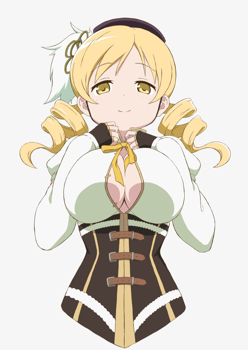 1girl absurdres beret black_hat blonde_hair breasts brown_gloves corset detached_sleeves drill_hair fingerless_gloves gloves hat highres large_breasts long_hair looking_at_viewer magical_girl mahou_shoujo_madoka_magica mahou_shoujo_madoka_magica_(anime) smile solo tomoe_mami twin_drills twintails usazirou539 yellow_eyes