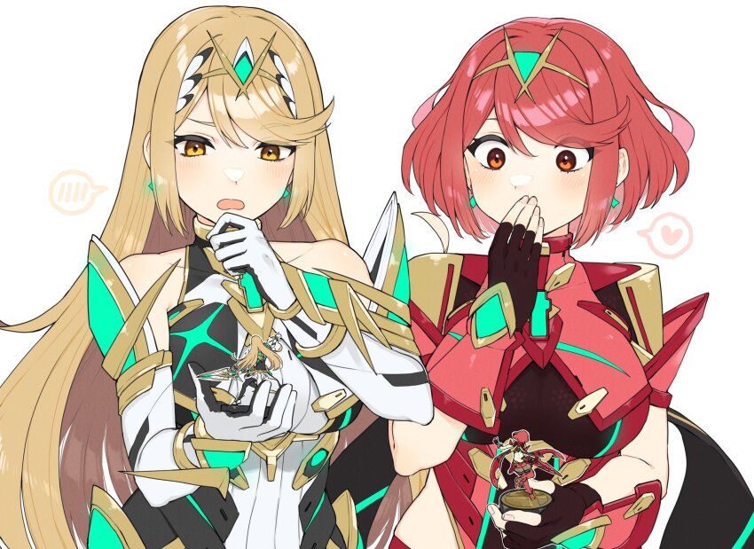 2girls amiibo blonde_hair blush breasts chest_jewel dress earrings figure floating_earring gem gloves headpiece highres jewelry kinagi_(3307377) large_breasts long_hair multiple_girls mythra_(massive_melee)_(xenoblade) mythra_(xenoblade) nintendo open_mouth pyra_(xenoblade) red_eyes red_hair short_hair super_smash_bros. surprised swept_bangs tiara very_long_hair white_dress white_gloves xenoblade_chronicles_(series) xenoblade_chronicles_2 yellow_eyes