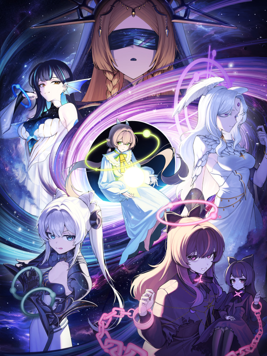 6+girls :q alternate_costume alternate_hairstyle animal_ears armor bare_shoulders belly_chain black_bow black_hole blindfold blue_eyes blue_hair bow bracelet braid breastplate breasts bridal_gauntlets brown_hair capelet chain chained_wrists character_doll clenched_teeth clock_hands closed_mouth colored_inner_hair cone_hair_bun doll_joints dress fantasy feather_capelet fins forehead_jewel gauntlets goat_ears goat_horns gosegu green_eyes hair_bow hair_bun halo head_chain head_fins head_wings headgear highres horns ine_(vtuber) jewelry jingburger joints jururu kemonomimi_mode lilpa long_hair long_sleeves looking_at_viewer low_twintails magictuna medium_breasts multicolored_hair multiple_girls parted_lips pink_halo poster_(medium) purple_dress purple_eyes purple_hair purple_halo shawl shoulder_armor star_(sky) starry_sky_print streaked_hair teeth tongue tongue_out twin_braids twintails very_long_hair viichan virtual_youtuber waktaverse white_capelet white_dress white_hair wings wrist_halo yellow_eyes