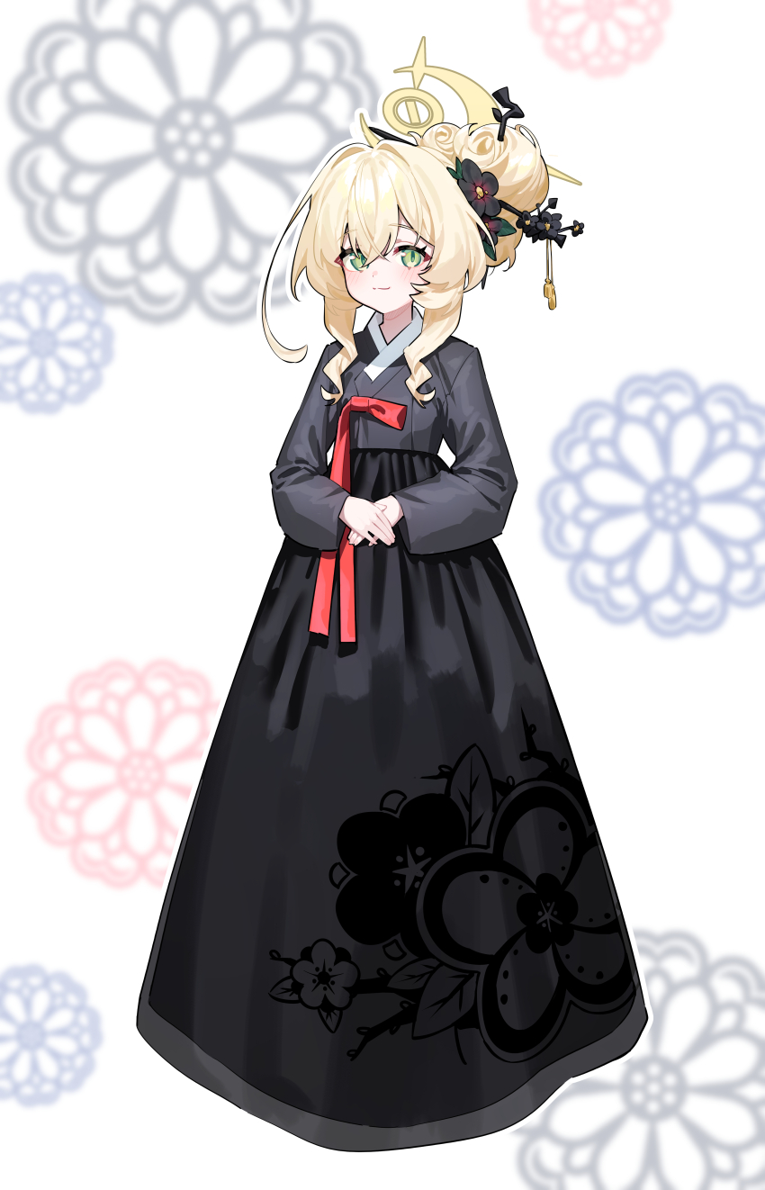 1girl absurdres alternate_costume alternate_hairstyle black_hanbok black_shirt black_skirt blonde_hair blue_archive floral_print flower full_body hair_bun hair_flower hair_intakes hair_ornament hair_stick halo hanbok highres honi_(honi1010) huge_hair_bun korean_clothes light_smile looking_at_viewer own_hands_together professor_niyaniya_(blue_archive) shirt sidelocks single_hair_bun skirt solo
