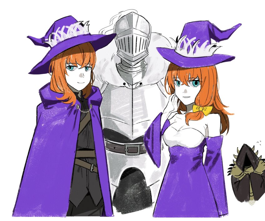 1girl 2boys armor asdf1211950 black_souls cape character_request closed_mouth detached_sleeves dorothy_(black_souls) dress full_armor genderswap genderswap_(ftm) grimm_(black_souls) hat highres knight long_hair looking_at_viewer multiple_boys open_mouth orange_hair purple_cape purple_dress purple_hat recursive_genderswap simple_background smile white_background witch_hat