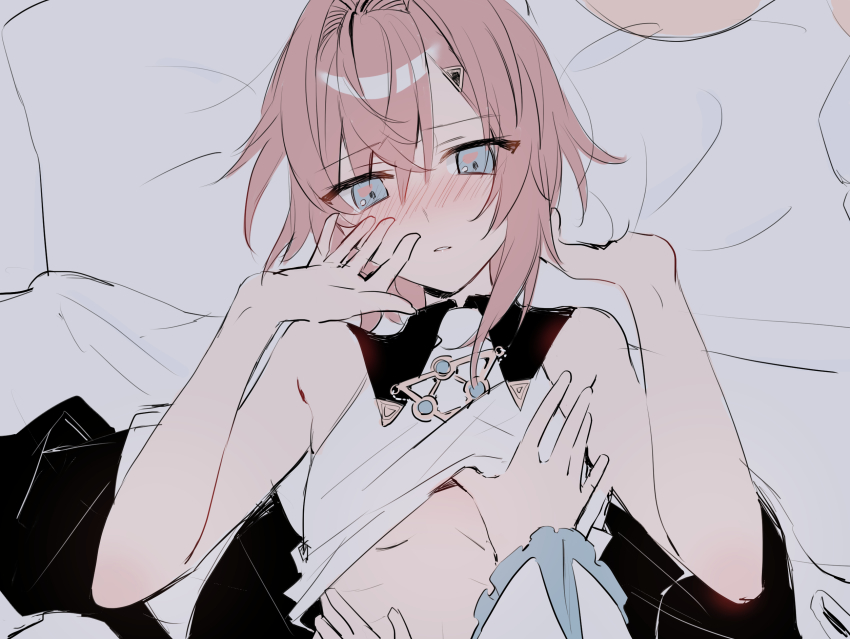 2girls ange_katrina ange_katrina_(1st_costume) bare_shoulders bed_sheet blue_eyes blush breasts clothes_lift female_pov hair_between_eyes hair_intakes hair_ornament hand_on_another&#039;s_stomach highres lize_helesta long_sleeves matsuzaka_(matsuzakagyu_29) multiple_girls nijisanji parted_lips pillow pov red_hair sheet_grab shirt_lift short_hair sketch small_breasts triangle triangle_hair_ornament virtual_youtuber yuri