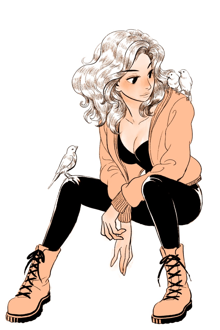 1girl animal animal_on_shoulder bird bird_on_shoulder black_canary black_eyes boots breasts canary cleavage collarbone dc_comics female_focus full_body highres hood hoodie jisoo_kim large_breasts long_hair orange_boots pants sitting solo tight_clothes tight_pants white_hair