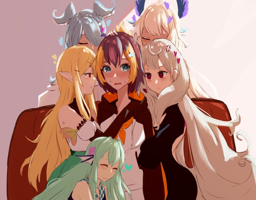 6+girls :&lt; absurdres anger_vein bare_shoulders black_gloves blue_eyes blush closed_eyes commentary elira_pendora elira_pendora_(1st_costume) english_commentary enna_alouette female_focus finana_ryugu fins fish_girl gloves green_hair hair_over_one_eye hand_on_another&#039;s_head harem head_fins head_wings heart highres hood hood_down hoodie long_hair looking_at_another mariposa_minako multicolored_hair multiple_girls nijisanji nijisanji_en petra_gurin pimp pointy_ears pomu_rainpuff pomu_rainpuff_(1st_costume) red_eyes reimu_endou shadow short_hair smile sweat two-tone_hair very_long_hair virtual_youtuber wings yuri
