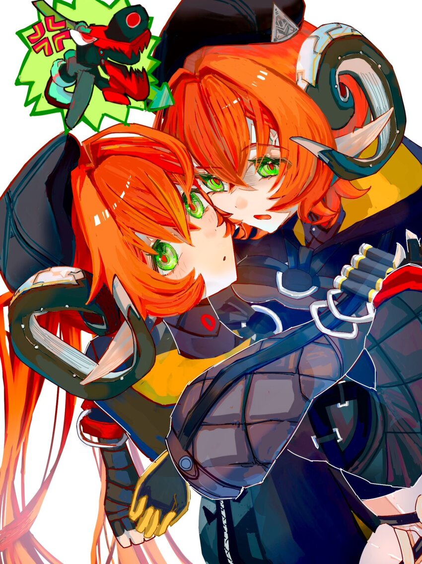 2girls 832cy ammunition anger_vein asymmetrical_gloves black_hat black_horns blush clone commentary_request crossed_bangs curled_horns dragon_girl dragon_horns dress fingerless_gloves gloves hair_between_eyes hat highres horns looking_at_viewer magus_(zenless_zone_zero) mechanical_horns mismatched_gloves multiple_girls open_mouth orange_hair orphie_magnusson pointy_ears red_pupils simple_background single_fingerless_glove spoken_character upper_body white_background yellow_gloves zenless_zone_zero zipper_dress