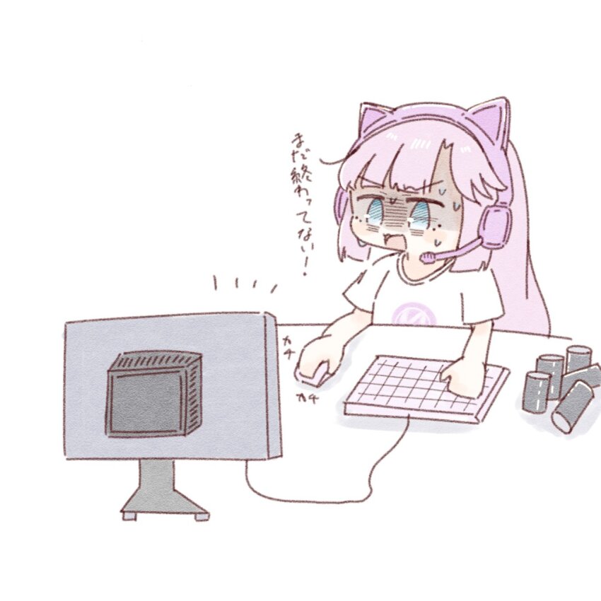 1girl amano_tatsu anyoji_hime anyoji_hime_(summer_loungewear) blue_eyes blunt_bangs can commentary computer_keyboard computer_mouse deformed drink_can hair_down highres link!_like!_love_live! long_hair love_live! monitor notice_lines partially_translated pink_hair shaded_face shirt short_sleeves sidelocks simple_background solo sound_effects swept_bangs t-shirt translation_request v-shaped_eyebrows very_long_hair virtual_youtuber white_background white_shirt