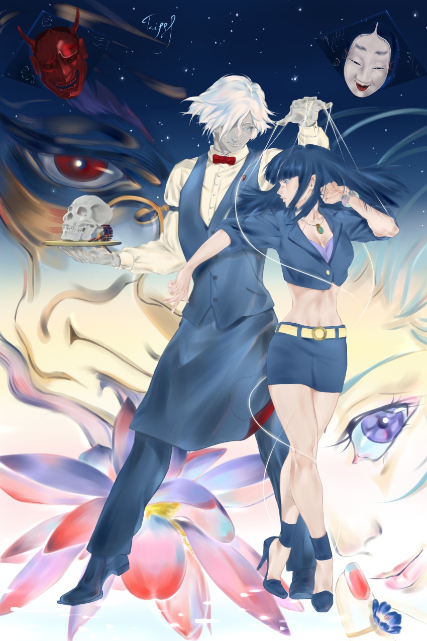 10s 1boy 1girl absurdres bartender belt black_hair bracelet chiyuki_(death_parade) dancing death_parade decim_(death_parade) high_heels highres huge_filesize jewelry kurokami_no_onna lips long_hair md5_mismatch midriff nail_polish necklace nona_(death_parade) oculus_(death_parade) purple_eyes resized resolution_mismatch ring silver_hair skull source_smaller tray upscaled