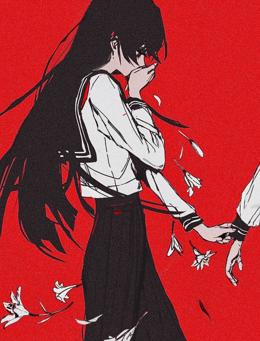 1girl alternate_body_fluid clothes_grab coughing_flowers covered_mouth covering_own_mouth flower from_side hand_on_own_face hand_up highres lily_(flower) long_hair long_sleeves mitsubachi_(roundbee) monochrome original out_of_frame pleated_skirt profile red_theme school_uniform serafuku simple_background skirt solo_focus tearing_up very_long_hair