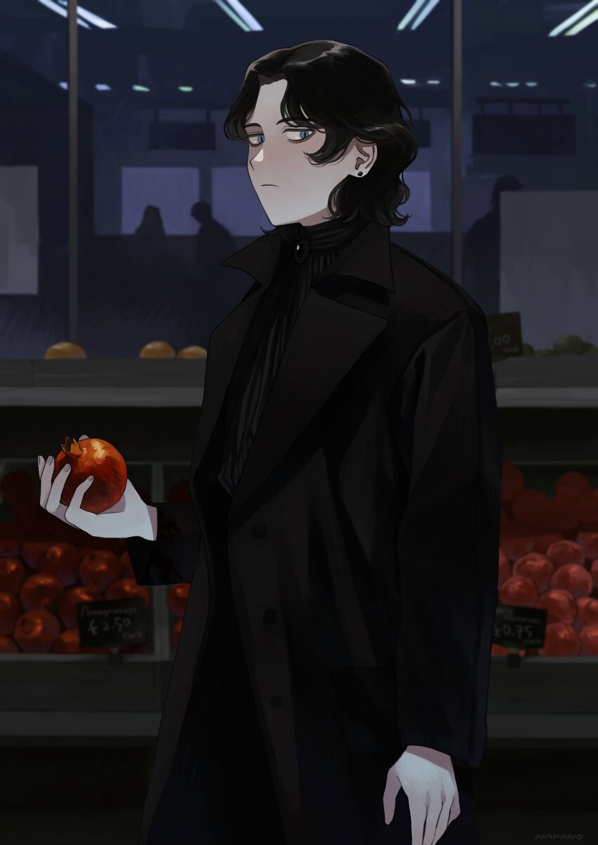 1boy absurdres black_coat black_hair blue_eyes coat commentary cowboy_shot curly_hair earrings english_commentary food frown fruit highres holding holding_food holding_fruit jewelry male_focus market_stall melancholy_red nakano_kaworu original pale_skin profile solo_focus stud_earrings window