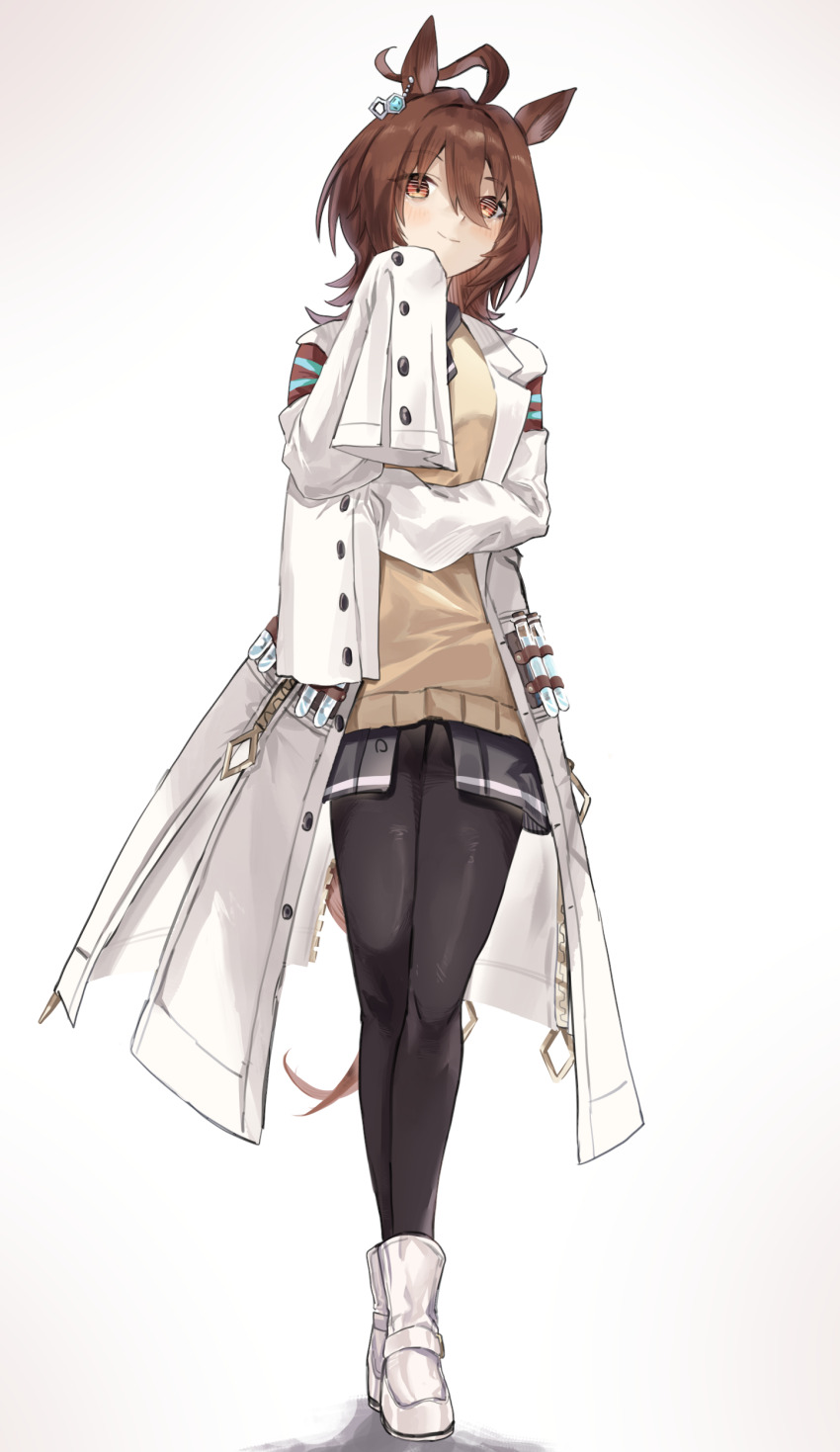 1girl absurdres agnes_tachyon_(umamusume) amano_kokoko animal_ears black_necktie black_pantyhose black_shirt chemical_structure closed_mouth coat collared_shirt earrings hair_between_eyes hand_up highres horse_ears horse_girl horse_tail jewelry lab_coat long_sleeves medium_hair necktie open_clothes open_coat pantyhose red_eyes shirt shoes short_necktie simple_background single_earring sleeves_past_fingers sleeves_past_wrists solo standing sweater tail umamusume white_background white_coat white_shoes wolf_cut yellow_sweater