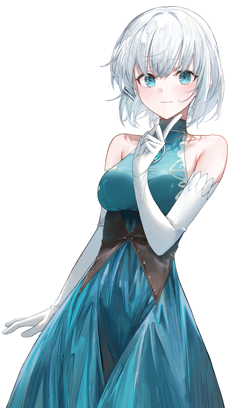 1girl absurdres breasts commentary dress elbow_gloves gloves highres kaze_22 korean_commentary large_breasts looking_at_viewer short_hair siesta_(tantei_wa_mou_shindeiru) simple_background solo tantei_wa_mou_shindeiru white_background white_gloves white_hair