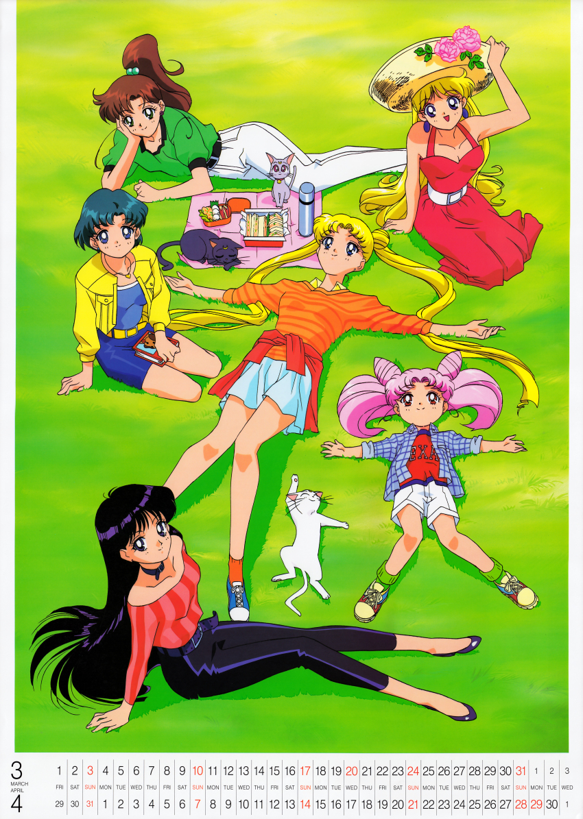 1990s_(style) 6+girls absurdres aino_minako artemis_(sailor_moon) back bishoujo_senshi_sailor_moon black_cat black_eyes black_footwear blanket blonde_hair blue_eyes blue_hair blue_skirt breasts brown_hair calendar_(medium) casual cat chibi_usa cleavage clothes_writing collar cone_hair_bun double_bun dress earrings flannel food from_above green_eyes green_shirt hair_bobbles hair_bun hair_ornament hat heart heart_necklace high_ponytail highres hino_rei jacket jewelry kino_makoto long_hair long_sleeves luna_(sailor_moon) lying mizuno_ami multiple_girls necklace official_art on_grass on_lap on_side open_clothes open_jacket open_mouth outdoors outstretched_arms pants picnic picnic_blanket pink_hair ponytail red_dress red_eyes retro_artstyle seiza shirt shoes short_hair shorts sitting skirt smile sneakers spread_arms striped_clothes striped_shirt stud_earrings sun_hat tied_shirt tsukino_usagi twintails very_long_hair white_cat yellow_jacket yokozuwari