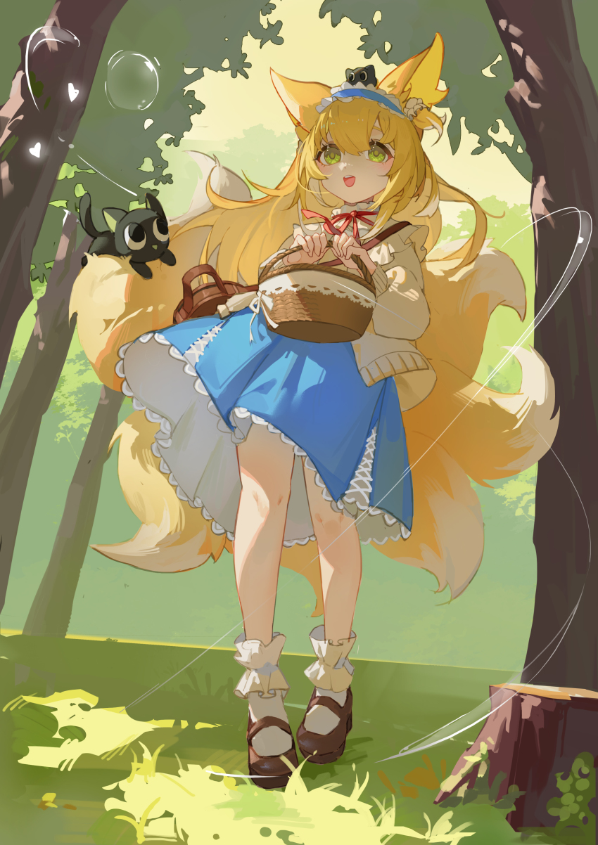 1girl :d absurdres animal animal_ears arknights bag basket black_cat blonde_hair blue_hairband blue_skirt brown_footwear cat commentary_request crossover day fox_ears fox_girl fox_tail frilled_hairband frills green_eyes hair_between_eyes hairband heart heixiu highres holding holding_basket jacket kitsune kuweichuanxin_jr long_hair long_sleeves luo_xiaohei neck_ribbon on_head open_clothes open_jacket open_mouth outdoors puffy_long_sleeves puffy_sleeves red_ribbon ribbon shoes shoulder_bag skirt smile socks suzuran_(arknights) suzuran_(spring_praise)_(arknights) tail teeth luo_xiaohei_zhanji tree tree_stump upper_teeth_only very_long_hair white_jacket white_socks