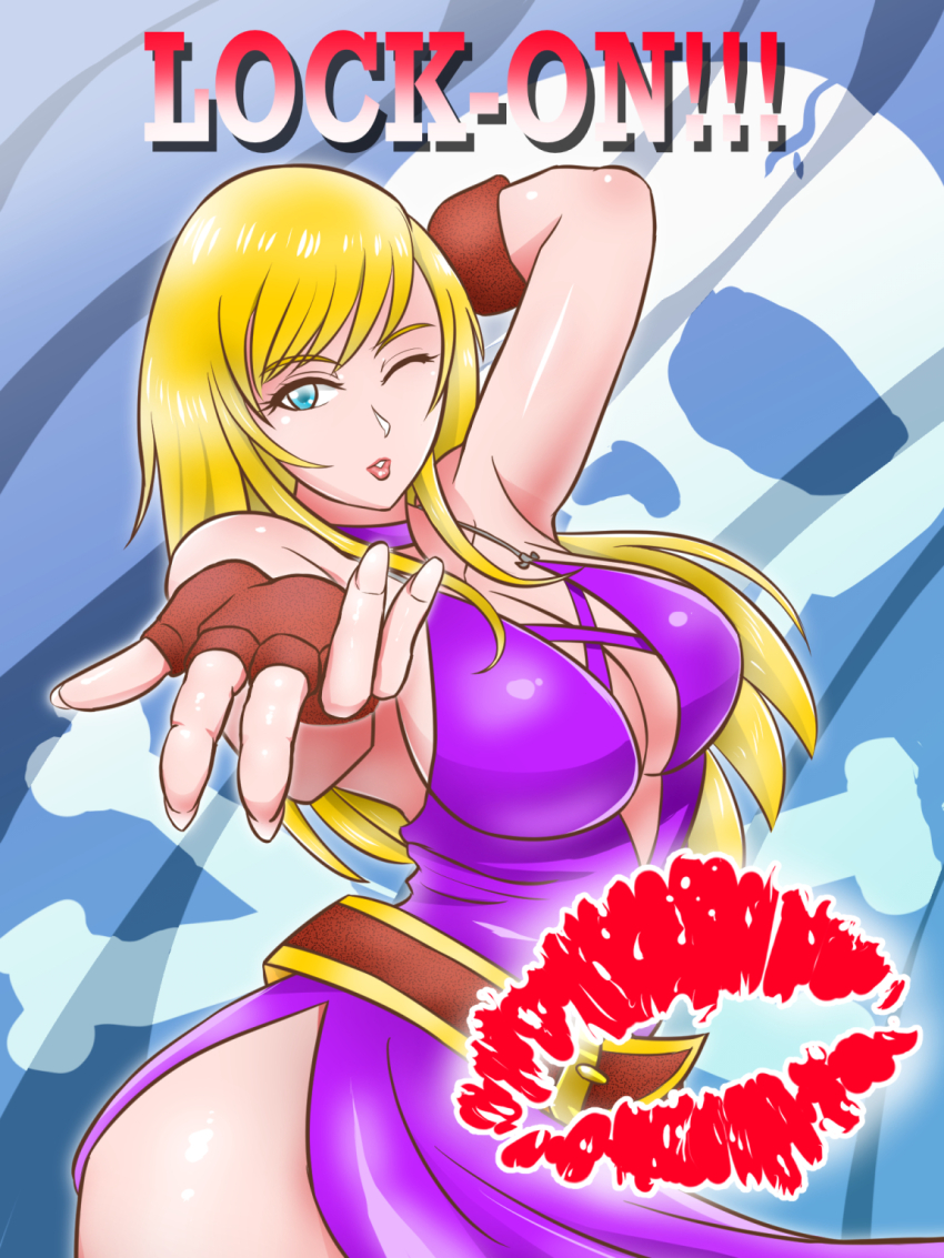 1girl arm_behind_head armpits belt blonde_hair blowing_kiss blue_eyes breasts cleavage dress fatal_fury fingerless_gloves garou:_mark_of_the_wolves gloves highres b._jenet large_breasts lipstick_mark long_hair looking_at_viewer one_eye_closed puckered_lips purple_dress roy10113a snk solo the_king_of_fighters the_king_of_fighters_xv wink