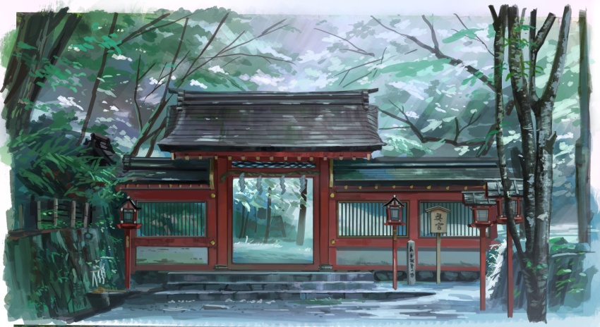architecture commentary_request east_asian_architecture gate highres no_humans original outdoors rope scenery shide shimenawa sign stairs tree yakan_(2281101)