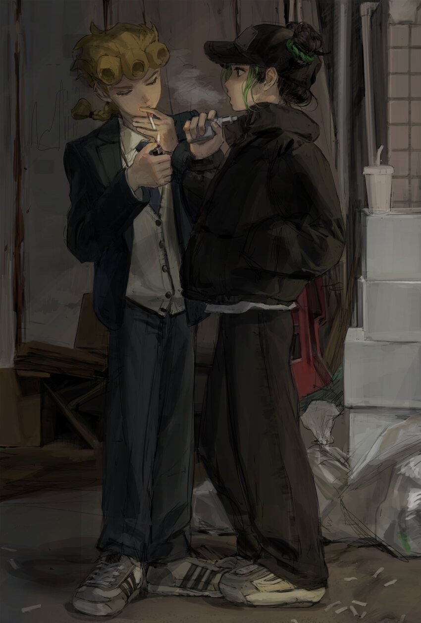 1boy 1girl absurdres black_hair blonde_hair braid giorno_giovanna green_hair hair_bun hat highres jacket jewangchobab jojo_no_kimyou_na_bouken kuujou_jolyne long_hair multicolored_hair shirt stone_ocean two-tone_hair vento_aureo victory_rolls