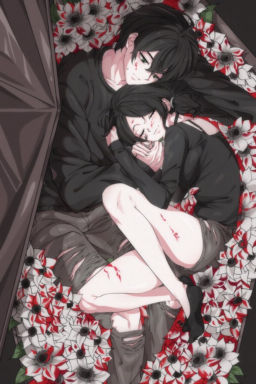 1boy 1girl andrew_graves ashley_graves black_collar black_hair black_socks black_sweater blood blood_on_face blood_on_leg bra_strap closed_eyes coffin collar flower green_eyes highres holding_hands light_smile looking_at_another luvoff1cer lying on_side pants shorts siblings sleeping socks sweat sweater the_coffin_of_andy_and_leyley thighs torn_clothes torn_pants torn_shorts