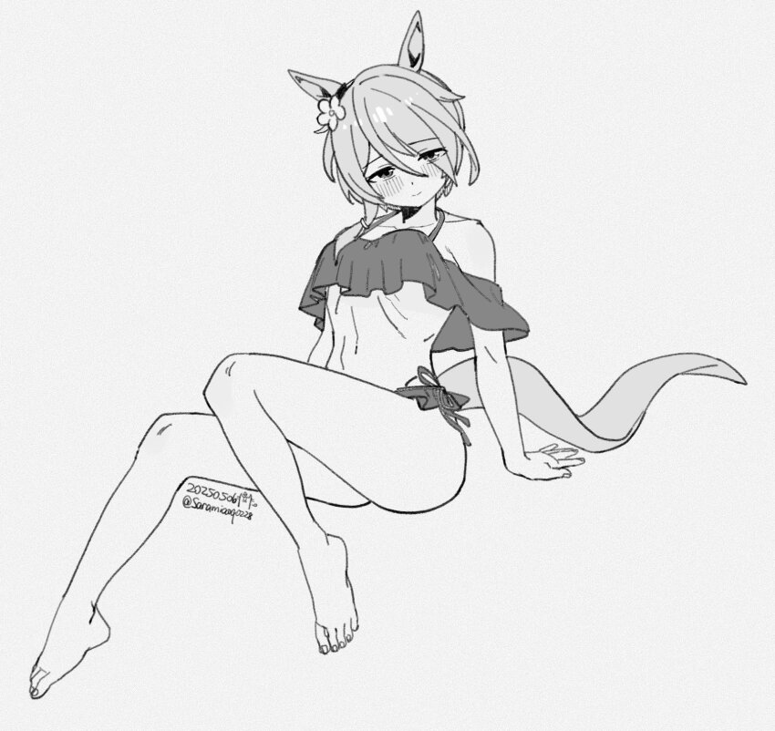 1girl animal_ears bare_shoulders barefoot bikini blush collarbone commentary dated fingernails flower frilled_bikini frills full_body greyscale hair_flower hair_ornament highres horse_ears horse_girl horse_tail k.s.miracle_(umamusume) looking_at_viewer monochrome navel ribs saramiao-chan simple_background solo stomach swimsuit tail toenails twitter_username umamusume white_background