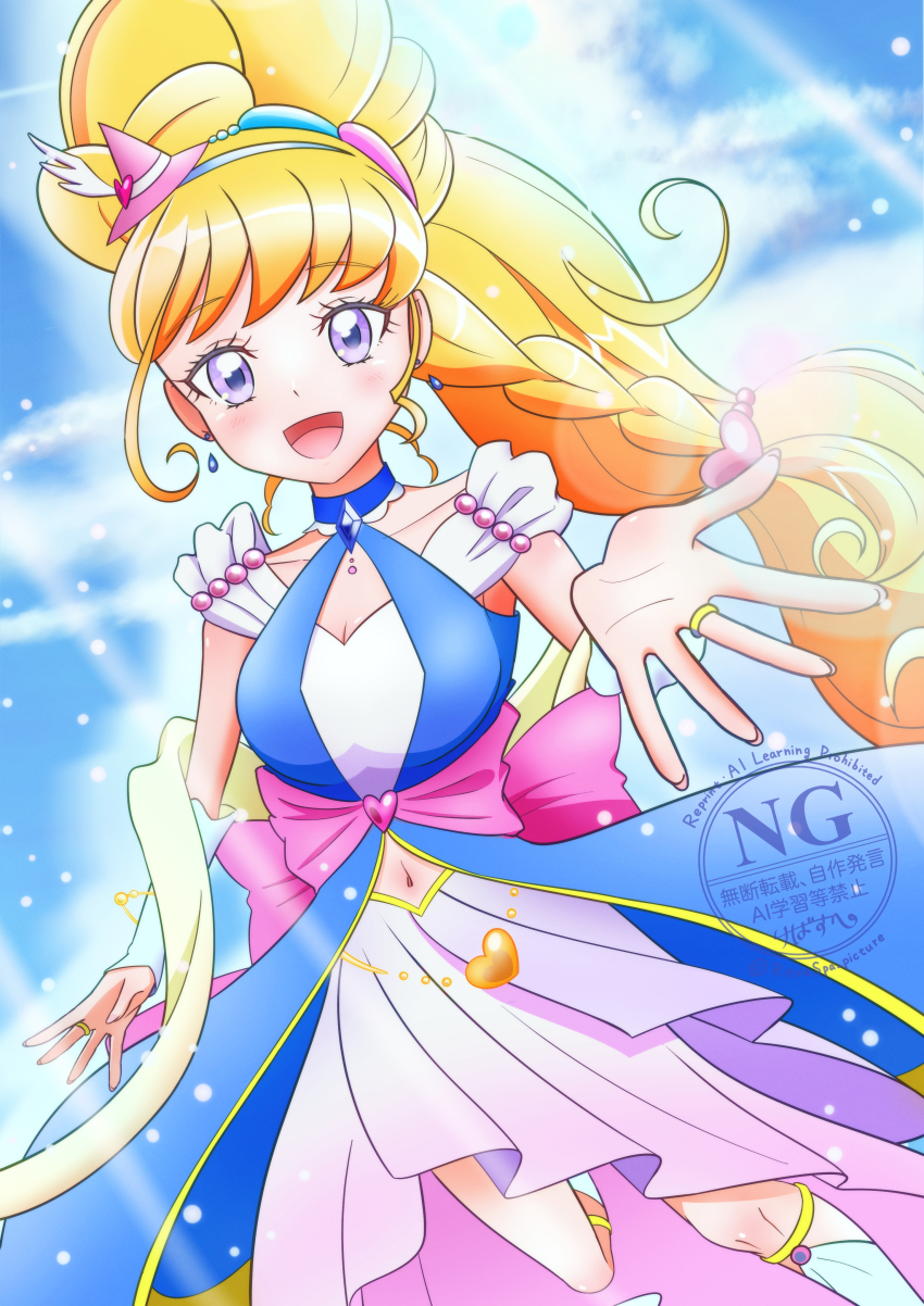 1girl absurdres birthday blonde_hair blue_arm_warmers blue_choker blue_shirt braid breasts choker cure_miracle cure_miracle_(sapphire_style) earrings folded_braid hair_ornament happy_birthday hat heart highres jewelry long_hair looking_at_viewer magical_girl mahou_girls_precure! medium_breasts mini_hat mini_witch_hat navel pink_hat pink_skirt ponytail precure purple_eyes shirt skirt smile user_pzkn7528 wide_ponytail witch_hat