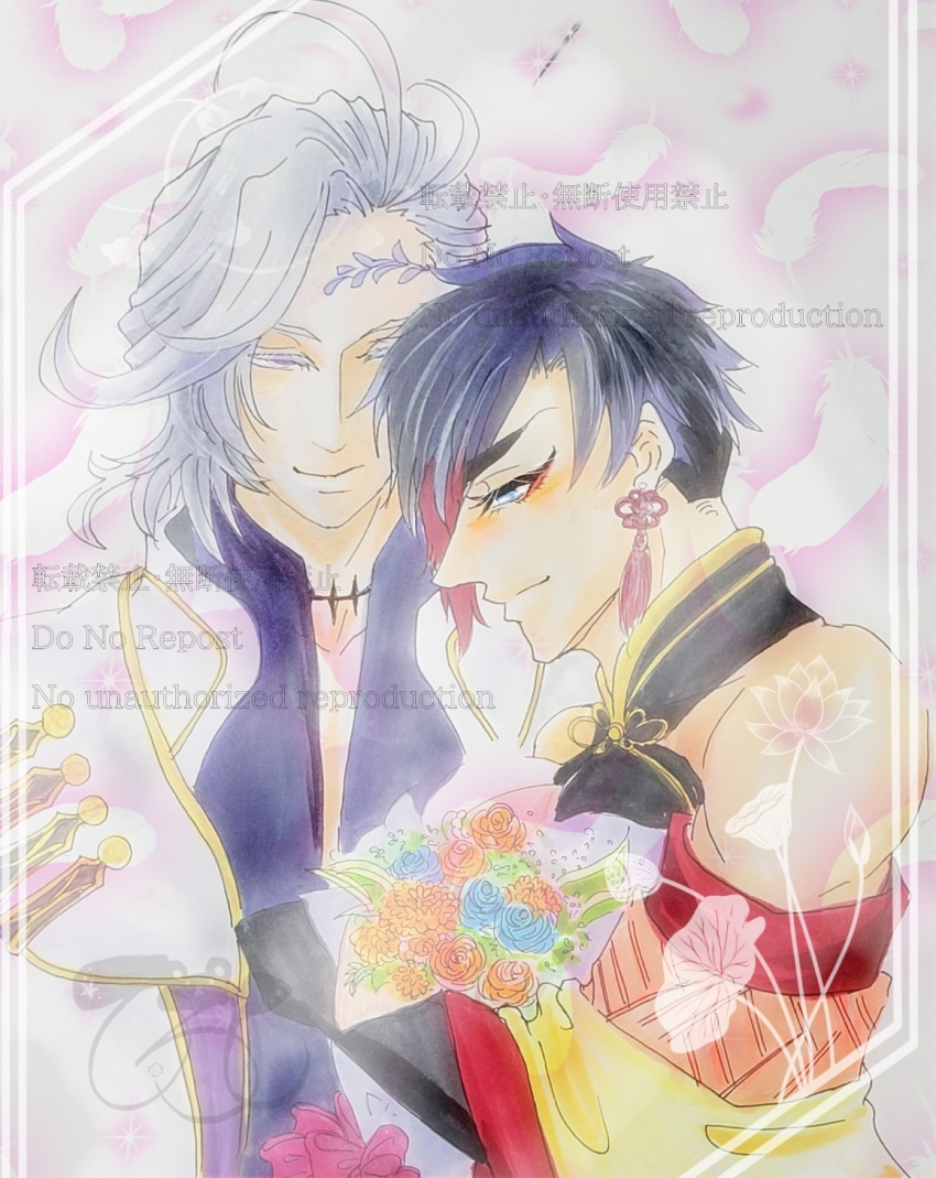 2boys aqua_eyes badge bare_shoulders black_gloves black_hair bouquet chinese_clothes choker closed_mouth ear_piercing earrings facial_tattoo flower forehead_tattoo gloves gold_robe gold_trim hades_(shuumatsu_no_valkyrie) holding holding_bouquet jacket jewelry leaf_tattoo looking_at_another looking_down male_focus multicolored_hair multicolored_robe multiple_boys multiple_earrings muscular muscular_male nail_armor nail_polish off-shoulder_robe off_shoulder piercing pointy_ears purple_eyes purple_shirt qin_shi_huang_(shuumatsu_no_valkyrie) red_hair red_robe red_tassel red_trim robe shirt short_hair shuumatsu_no_valkyrie sideways_glance single_earring smile sparkling_eyes spiked_choker spikes star-shaped_pupils star_(symbol) symbol-shaped_pupils tassel tassel_earrings tattoo two-tone_hair two-tone_robe white_hair white_jacket yaoi yellow_robe