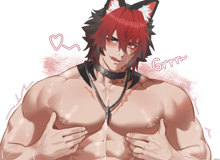 1boy ^^^ abs absurdres animal_ear_fluff animal_ears bara belt belt_buckle belt_collar black_belt black_hair blush buckle collar collarbone commentary english_commentary fangs hands_on_own_chest heart highres jewelry kaon7lv komano_manato looking_to_the_side male_focus multicolored_hair muscular muscular_male necklace nipple_piercing nude open_mouth pectorals piercing red_eyes red_hair short_hair sideways_glance solo sweat veins veiny_arms veiny_hands zenless_zone_zero
