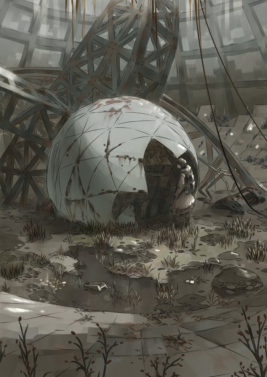 1girl backpack bag cable coat dome ephe99261012 grass gun hashtag-only_commentary highres holding holding_gun holding_weapon hood hooded_coat light_rays monochrome original overgrown post-apocalypse puddle rifle rubble ruins rust scenery solo standing steel_beam sunbeam sunlight truss turning_head very_wide_shot weapon