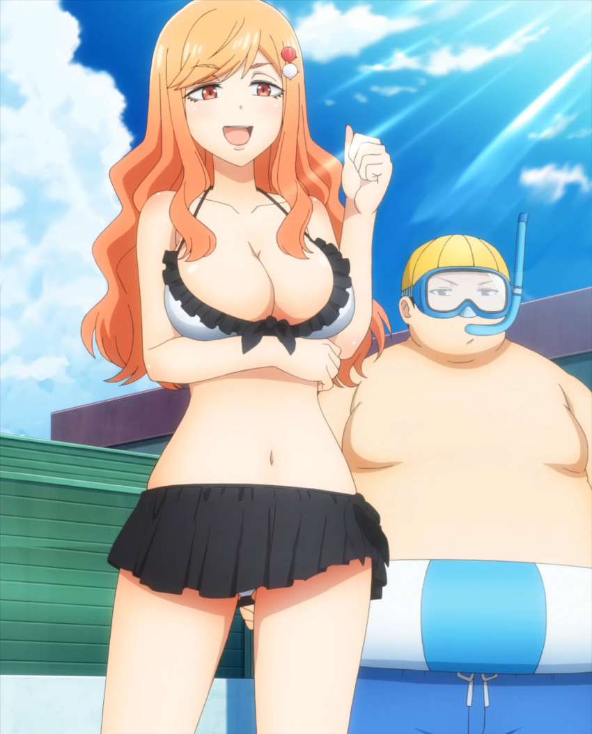 1boy 1girl apron arm_under_breasts bikini breasts brother_and_sister cleavage cloud fat fat_man highres large_breasts ma-kun_(tejina_senpai) nail_polish orange_hair red_eyes saki-chan_(tejina_senpai) screencap siblings sky standing swimsuit tejina_senpai_(series)